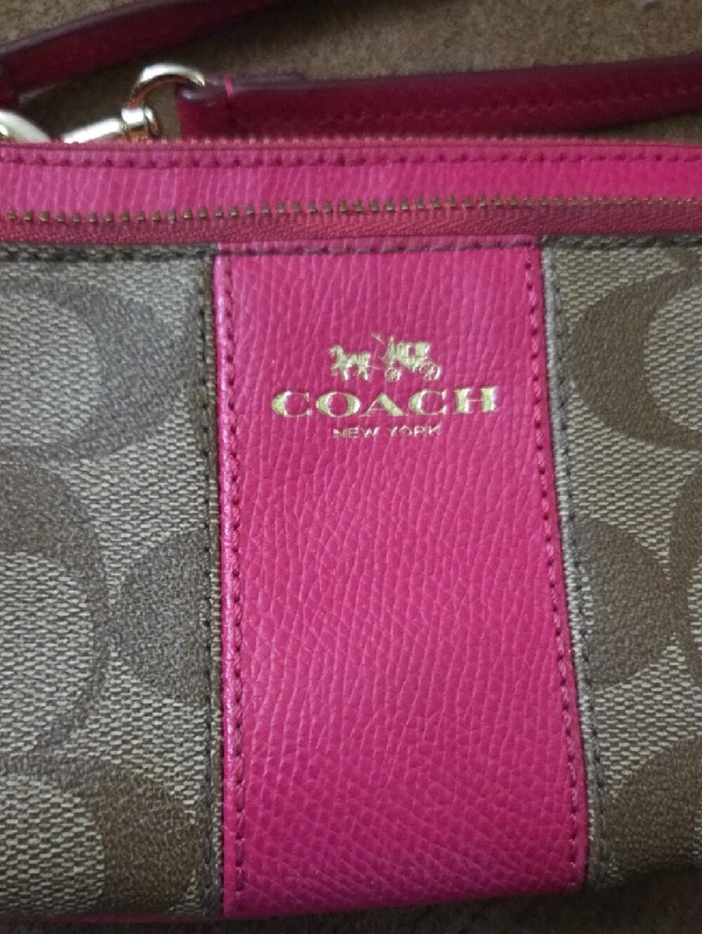 COACH Brown Signature Canvas Wristlet with Pink Leather Trim - Picture 2 of 5